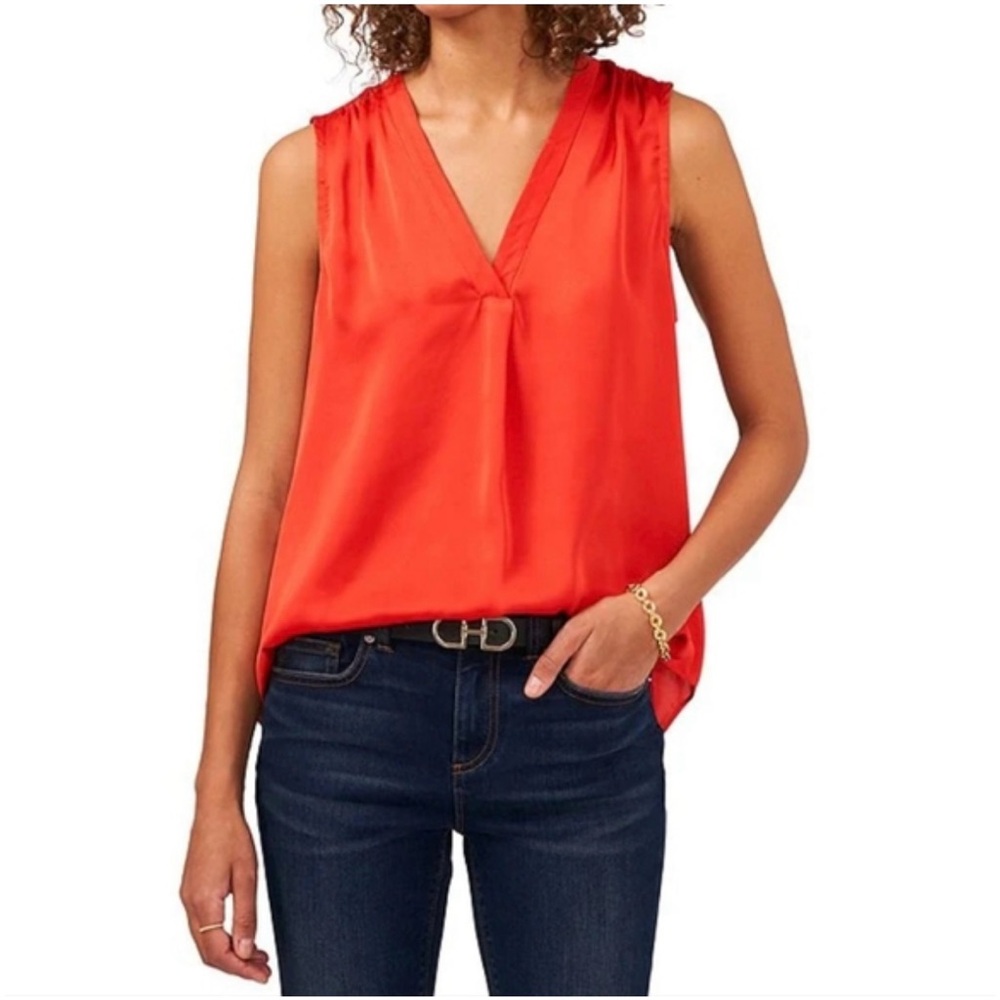 Vince Camuto Coral Red Inverted Pleated V-Neck Sleeveless Blouse Sz Petite Large